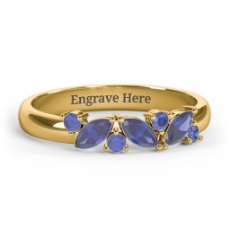 3 Marquise Birthstone Ring with Round Accents in 18K Gold Plated Silver with Blue Sapphire