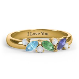 3 Marquise Birthstone Ring with Round Accents in 18K Gold Plated Silver with Blue Topaz, Emerald, Blue Sapphire, and Opal