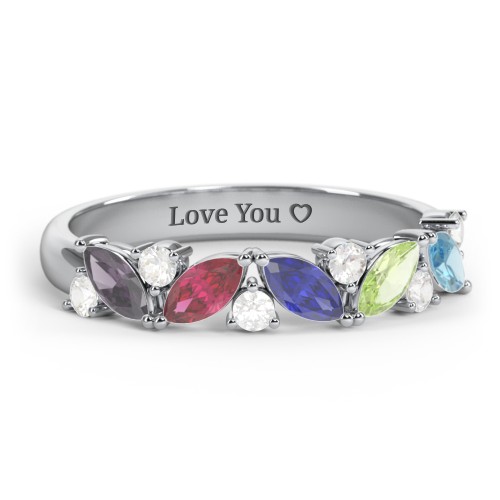 5 Marquise Birthstone Ring with Round Accents – Sterling Silver with Alexandrite, Ruby, Blue Sapphire, Peridot, Blue Topaz, and Cubic Zirconia