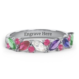 6 Marquise Birthstone Ring with Round Accents in 925 Sterling Silver with Emerald, Ruby, Cubic Zirconia, Amethyst, and Blue Sapphire