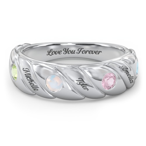 4 Birthstone Flat Twisted Croissant Ring – Sterling Silver with Peridot, Opal, Pink Tourmaline, and Blue Topaz