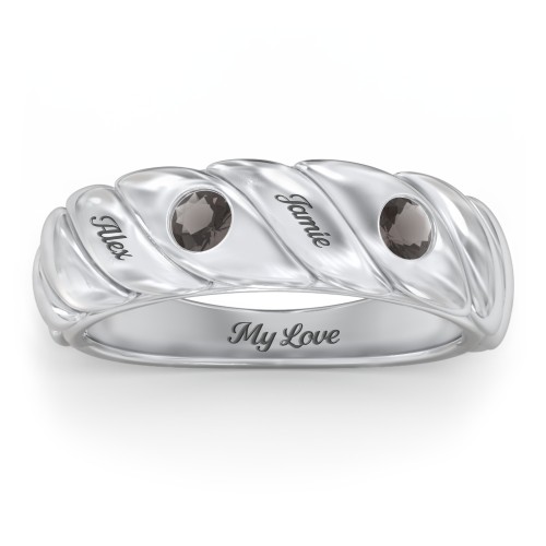 2 Birthstone Flat Twisted Croissant Ring – Sterling Silver with Smokey Quartz