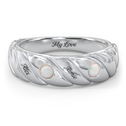 2 Birthstone Flat Twisted Croissant Ring – Sterling Silver with Opal