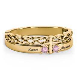 Women’s Cross Ring with Round Gemstones in 18K Gold Plated Silver with Pink Tourmaline