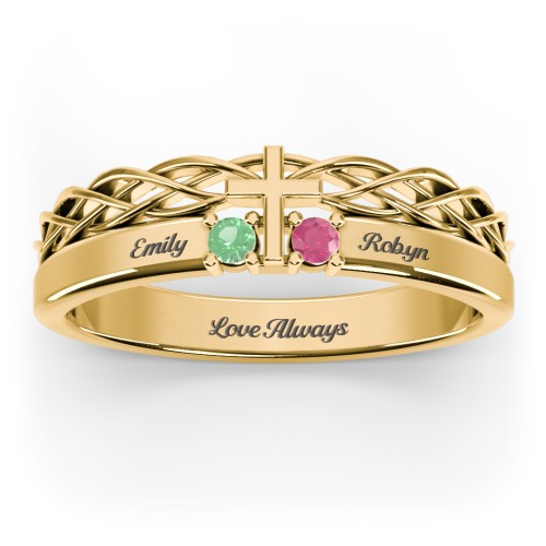 Women’s Cross Ring with Round Gemstones – 18K Gold Plated Silver with Emerald and Ruby