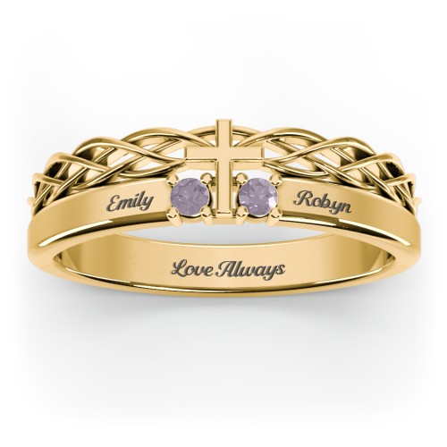 Women’s Cross Ring with Round Gemstones – 18K Gold Plated Silver with Alexandrite