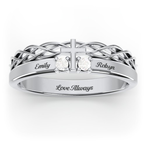 Women’s Cross Ring with Round Gemstones – Sterling Silver with Cubic Zirconia