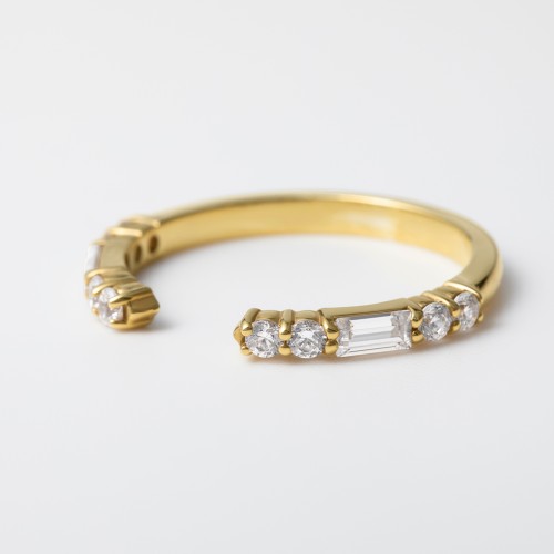 Baguette & Round Accent Open Cuff Ring – 9kt White Gold with Cubic Zirconia