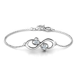 Duo of Hearts and Stones Infinity Bracelet in 925 Sterling Silver with Diamond