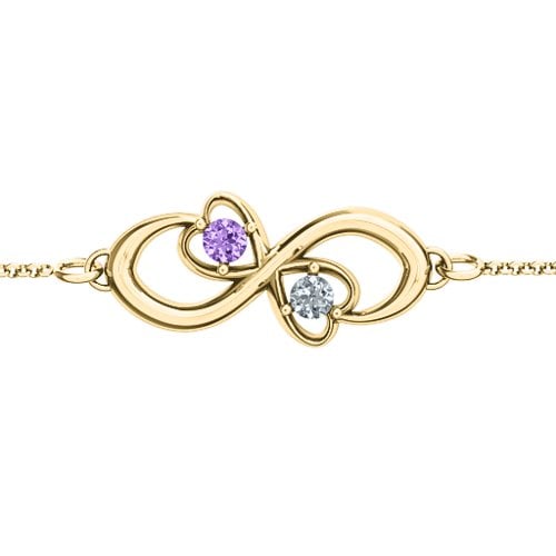 Duo of Hearts and Stones Infinity Bracelet – 9kt Yellow Gold with Amethyst and Cubic Zirconia
