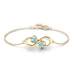 Duo of Hearts and Stones Infinity Bracelet in 18K Gold Plated Silver with Blue Topaz