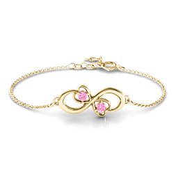 Duo of Hearts and Stones Infinity Bracelet in 18K Gold Plated Silver with Pink Tourmaline