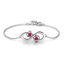 Duo of Hearts and Stones Infinity Bracelet in 925 Sterling Silver with Ruby