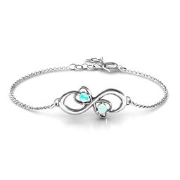 Duo of Hearts and Stones Infinity Bracelet in 925 Sterling Silver with Opal