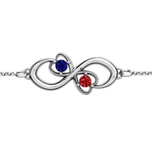 Duo of Hearts and Stones Infinity Bracelet – Sterling Silver with Blue Sapphire and Garnet