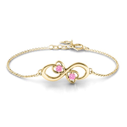 Duo of Hearts and Stones Infinity Bracelet – 9kt Yellow Gold with Pink Tourmaline