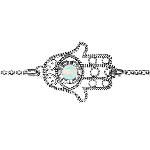Horizontal Hamsa Bracelet – Sterling Silver with Opal