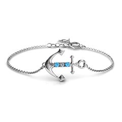 Anchor Bracelet with Three Stones – Sterling Silver with Blue Topaz and Cubic Zirconia