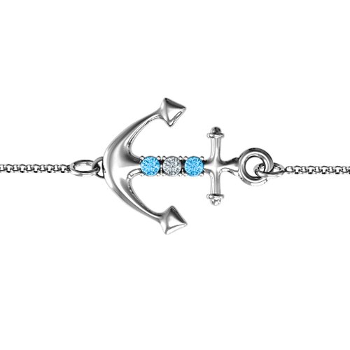 Anchor Bracelet with Three Stones – Sterling Silver with Blue Topaz and Cubic Zirconia