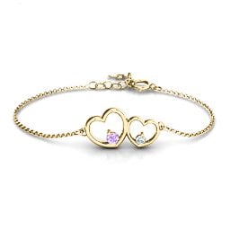 Double Heart With Two Stones Bracelet in 9K Solid Yellow Gold with Amethyst and Cubic Zirconia