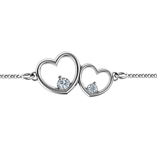 Double Heart With Two Stones Bracelet – Sterling Silver with Diamond