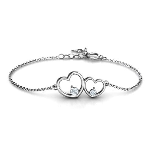 Double Heart With Two Stones Bracelet – Sterling Silver with Diamond