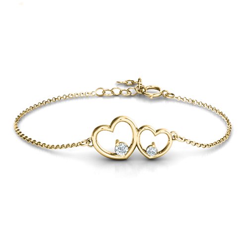 Double Heart With Two Stones Bracelet – 18K Gold Plated Silver with Cubic Zirconia