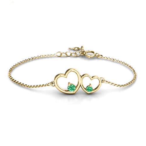 Double Heart With Two Stones Bracelet – 18K Gold Plated Silver with Emerald