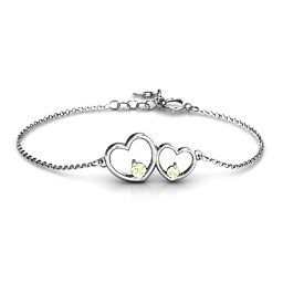 Double Heart With Two Stones Bracelet in 925 Sterling Silver with Peridot