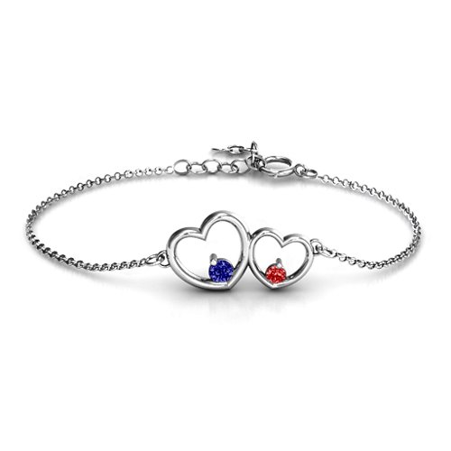 Double Heart With Two Stones Bracelet – Sterling Silver with Blue Sapphire and Garnet