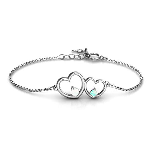 Double Heart With Two Stones Bracelet – Sterling Silver with Opal