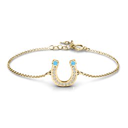 Horseshoe Bracelet with Two Stones and Accents in 18K Gold Plated Silver with Blue Topaz and White Premium Zirconia