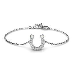 Horseshoe Bracelet with Two Stones and Accents in 925 Sterling Silver with Opal and White Premium Zirconia