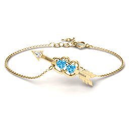 Double Heart with Arrow and Two Heart Stones Promise Bracelet in 18K Gold Plated Silver with Blue Topaz and White Premium Zirconia