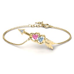 Double Heart with Arrow and Two Heart Stones Promise Bracelet in 18K Gold Plated Silver with Pink Tourmaline and Aquamarine