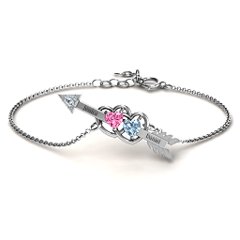 Double Heart with Arrow and Two Heart Stones Promise Bracelet – Sterling Silver with Pink Tourmaline, Aquamarine, and White Premium Zirconia