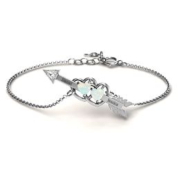 Double Heart with Arrow and Two Heart Stones Promise Bracelet in 925 Sterling Silver with Opal and White Premium Zirconia