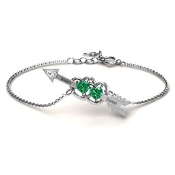 Double Heart with Arrow and Two Heart Stones Promise Bracelet in 925 Sterling Silver with Emerald and White Premium Zirconia