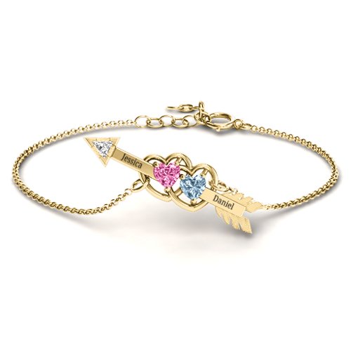 Double Heart with Arrow and Two Heart Stones Promise Bracelet – 9kt Yellow Gold with Pink Tourmaline, Aquamarine, and White Premium Zirconia