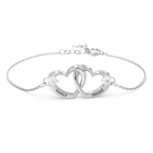 Interlocking Heart Promise Bracelet with Two Stones – Sterling Silver with Diamond