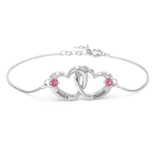 Interlocking Heart Promise Bracelet with Two Stones – Sterling Silver with Pink Tourmaline