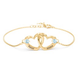 Interlocking Heart Promise Bracelet with Two Stones in 18K Gold Plated Silver with Blue Topaz