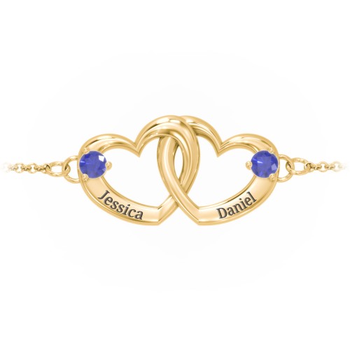 Interlocking Heart Promise Bracelet with Two Stones – 18K Gold Plated Silver with Blue Sapphire
