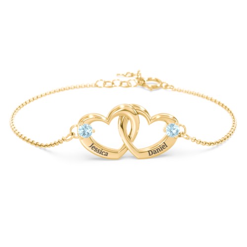 Interlocking Heart Promise Bracelet with Two Stones – 18K Gold Plated Silver with Blue Topaz