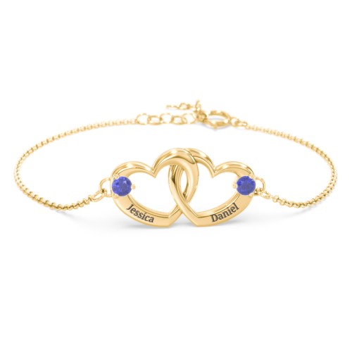 Interlocking Heart Promise Bracelet with Two Stones – 18K Gold Plated Silver with Blue Sapphire