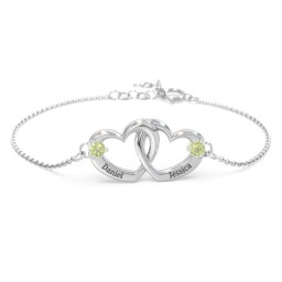 Interlocking Heart Promise Bracelet with Two Stones in 925 Sterling Silver with Peridot