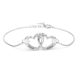 Interlocking Heart Promise Bracelet with Two Stones in 925 Sterling Silver with Opal