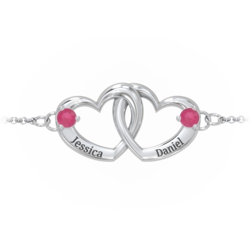 Interlocking Heart Promise Bracelet with Two Stones – Sterling Silver with Ruby