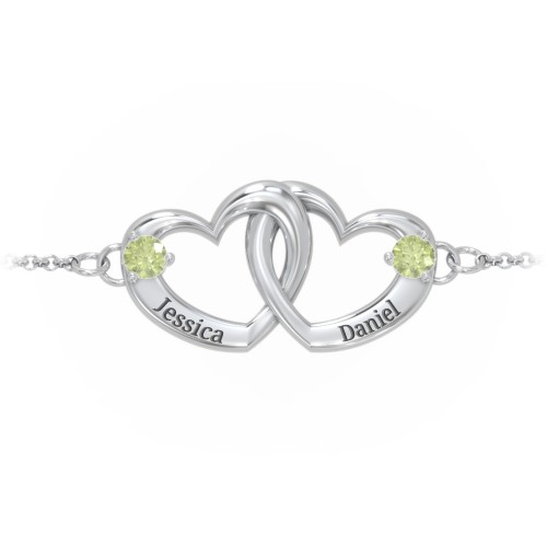 Interlocking Heart Promise Bracelet with Two Stones – Sterling Silver with Peridot