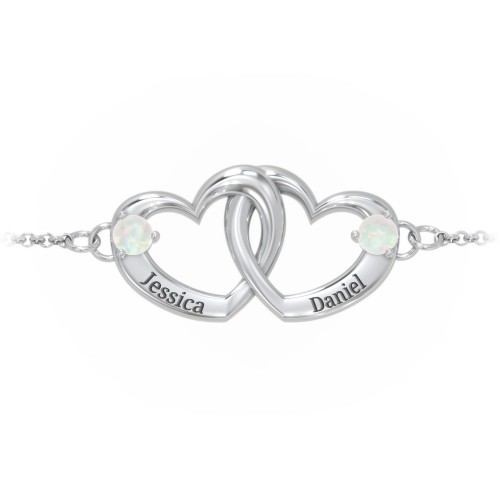 Interlocking Heart Promise Bracelet with Two Stones – Sterling Silver with Opal